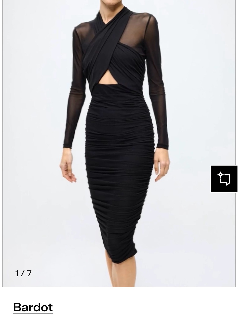 Bardot Black Sheer-Sleeve Ruched Midi Dress with Front Cutout Accent. Size M